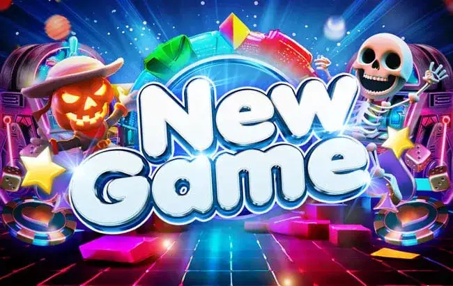 การ์ดหมวดเกมเปิดใหม่บนหน้าทดลองเล่น ร่ำรวย168 เป็นภาพตัวละครหัวฟักทองเรืองแสงสวมหมวกปีกกว้างทางซ้าย กับโครงกระดูกการ์ตูนยกมือทางขวา ยืนบนลานกระเบื้องเรืองแสงสีชมพูฟ้า และมีข้อความ New Game ตัวหนาสีขาวอยู่กลางภาพ