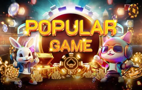 การ์ดหมวดเกมยอดนิยมบนหน้าทดลองเล่น ร่ำรวย168 เป็นภาพตัวละครกระต่ายยืนคู่หีบสมบัติและกองเหรียญทองทางซ้าย กับตัวละครแมวสวมแว่นกันแดดและหูฟังทางขวา มีชิปวงกลมกระจายรอบ และมีข้อความ POPULAR GAME ตัวหนาสีทองอยู่กลางภาพ